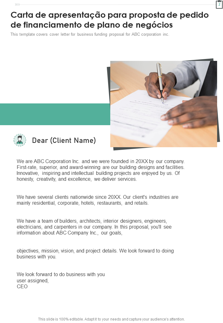 Carta de apresentação para proposta de pedido de financiamento de plano de negócios Carta de apresentação para proposta de pedido de financiamento de plano de negócios