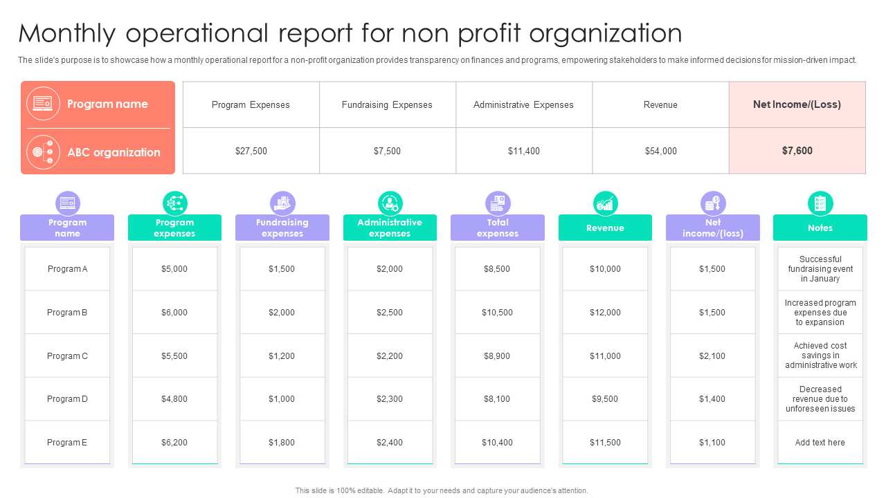 monthly operational report for non profit organization