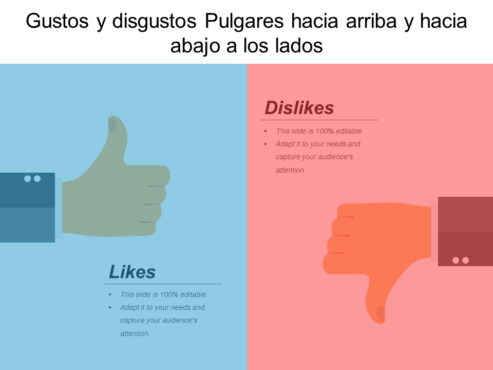 Gustos y disgustos Pulgares hacia arriba y hacia abajo a los lados Gustos y disgustos Pulgares hacia arriba y hacia abajo a los lados
