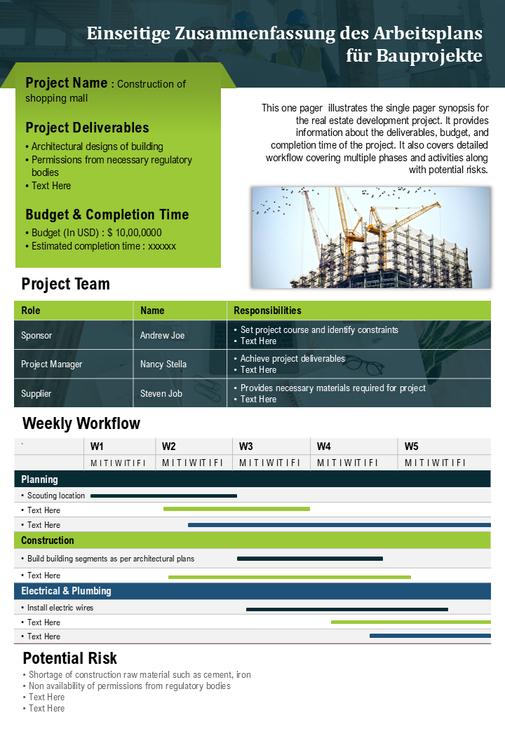 Einseitige Zusammenfassung des Arbeitsplans für Bauprojekte Einseitige Zusammenfassung des Arbeitsplans für Bauprojekte