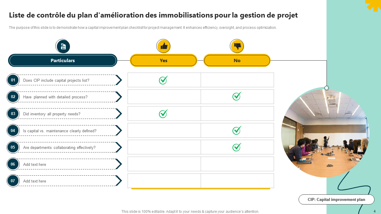 Liste de contr&ocirc;le du plan d'am&eacute;lioration des immobilisations pour la gestion de projet