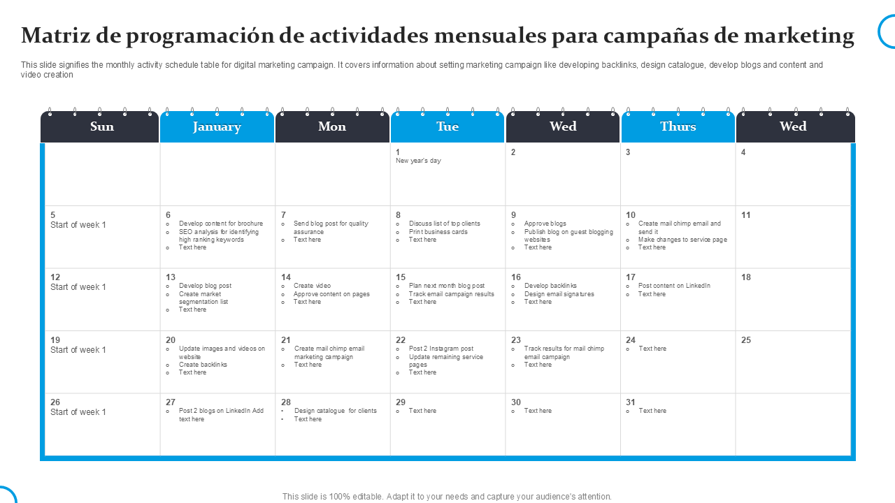 Matriz de programación de actividades mensuales para campañas de marketing Matriz de programación de actividades mensuales para campañas de marketing