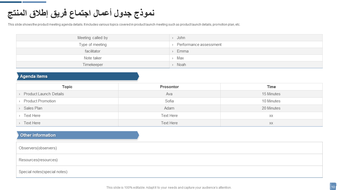 نموذج جدول أعمال اجتماع فريق إطلاق المنتج