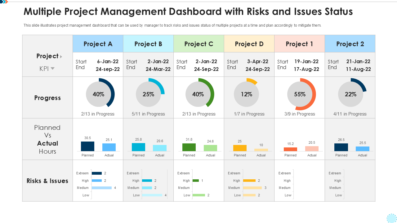 Multiple Project Management Dashboard with Risks and Issues Status