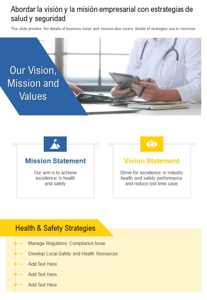 Abordar la vision y la mision empresarial con estrategias de salud y seguridad