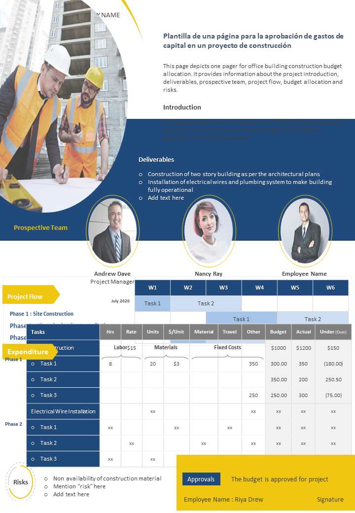 Plantilla de una pagina para la aprobacion de gastos de capital en un proyecto de construccion