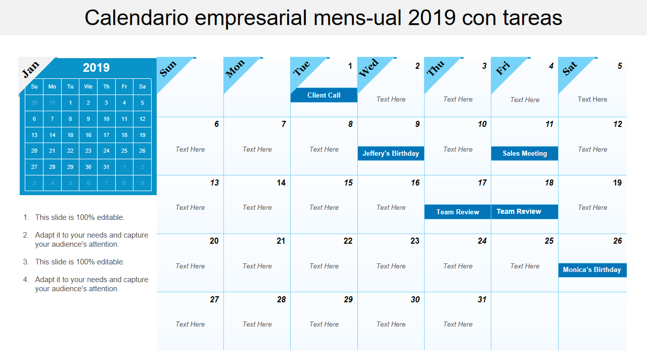 Calendario empresarial mensual 2019 con tareas