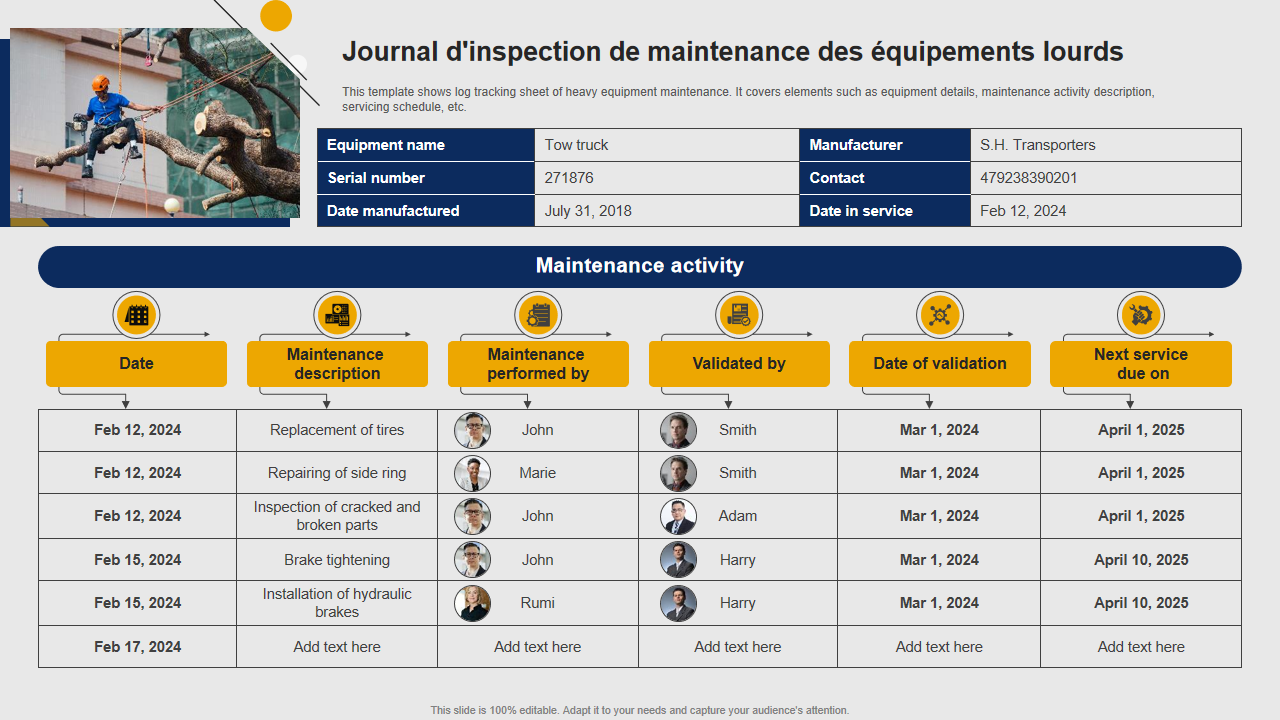 Journal dinspection de maintenance des equipements lourds