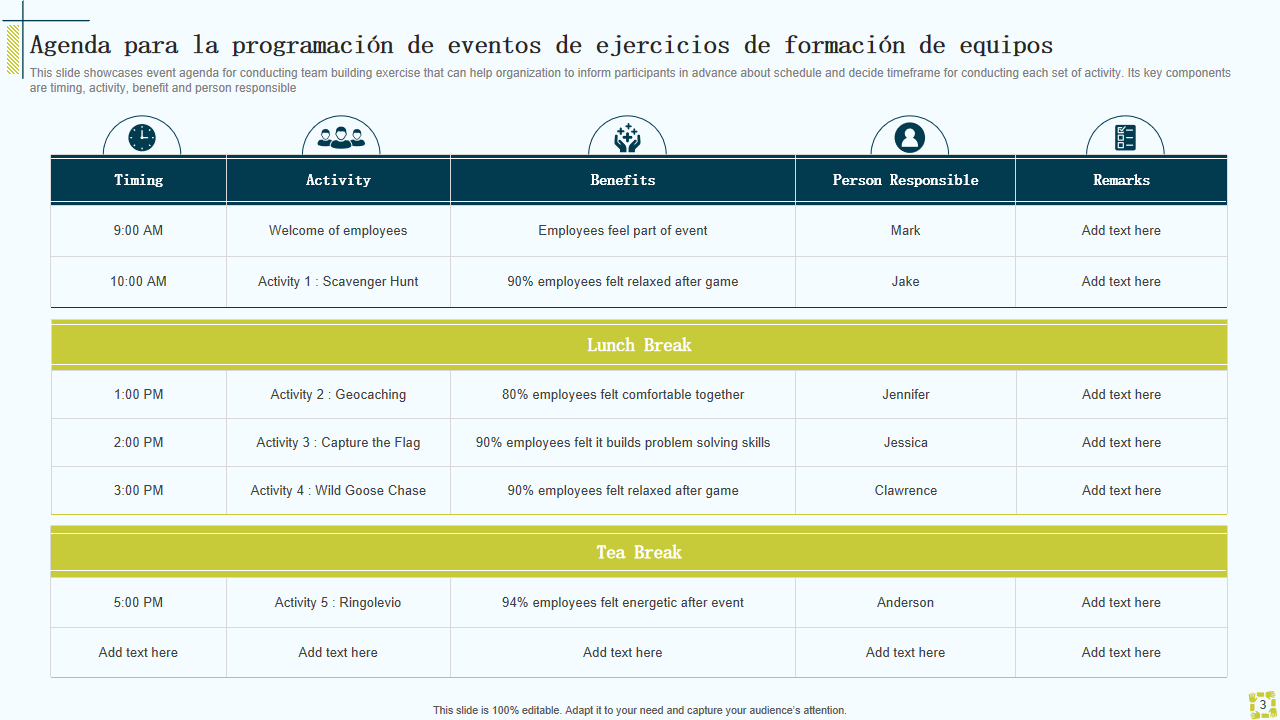 Agenda para la programacion de eventos de ejercicios de formacion de equipos Agenda para la programacion de eventos de ejercicios de formacion de equipos