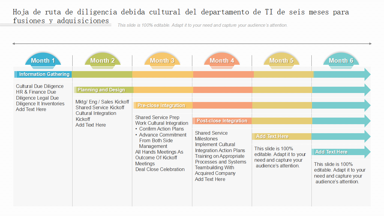 Hoja de ruta de diligencia debida cultural del departamento de TI de seis meses para fusiones y adquisiciones Hoja de ruta de diligencia debida cultural del departamento de TI de seis meses para fusiones y adquisiciones