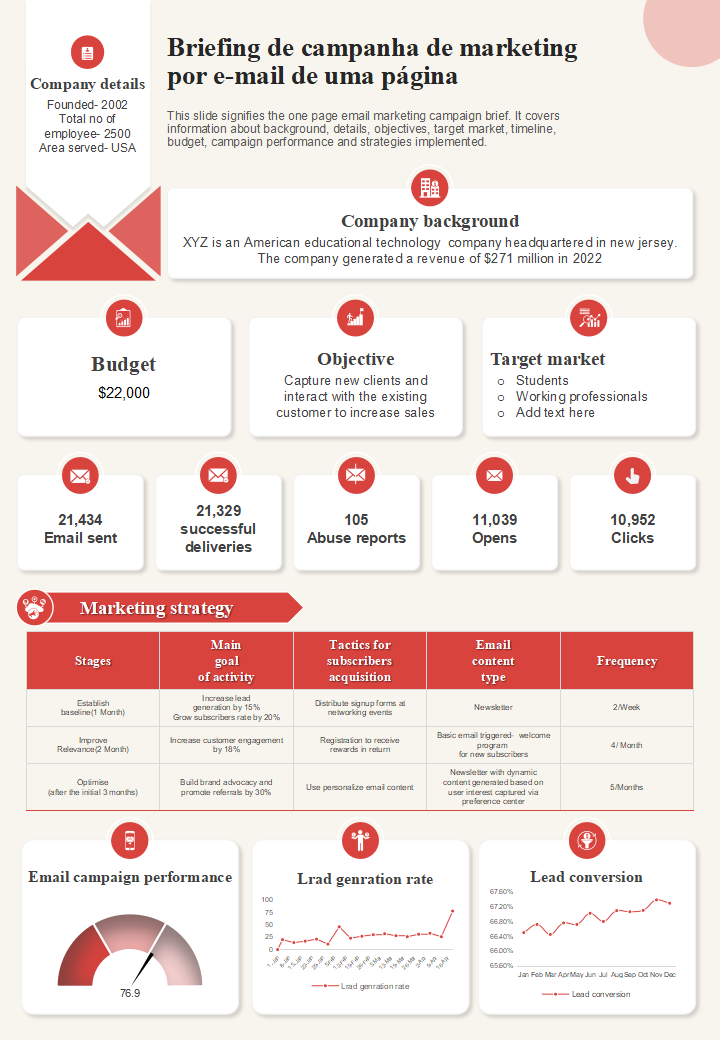 Briefing de campanha de marketing por e mail de uma pagina
